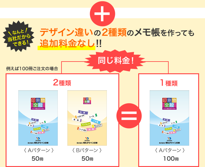 なんと当社だからできる!デザイン違いの2種類のメモ帳を作っても追加料金なし!!